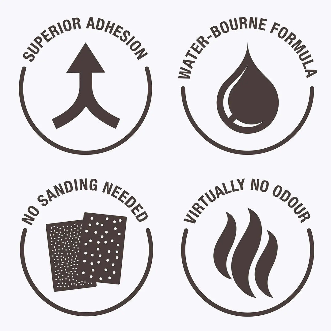 Set of four black icons with text and symbols on a white background