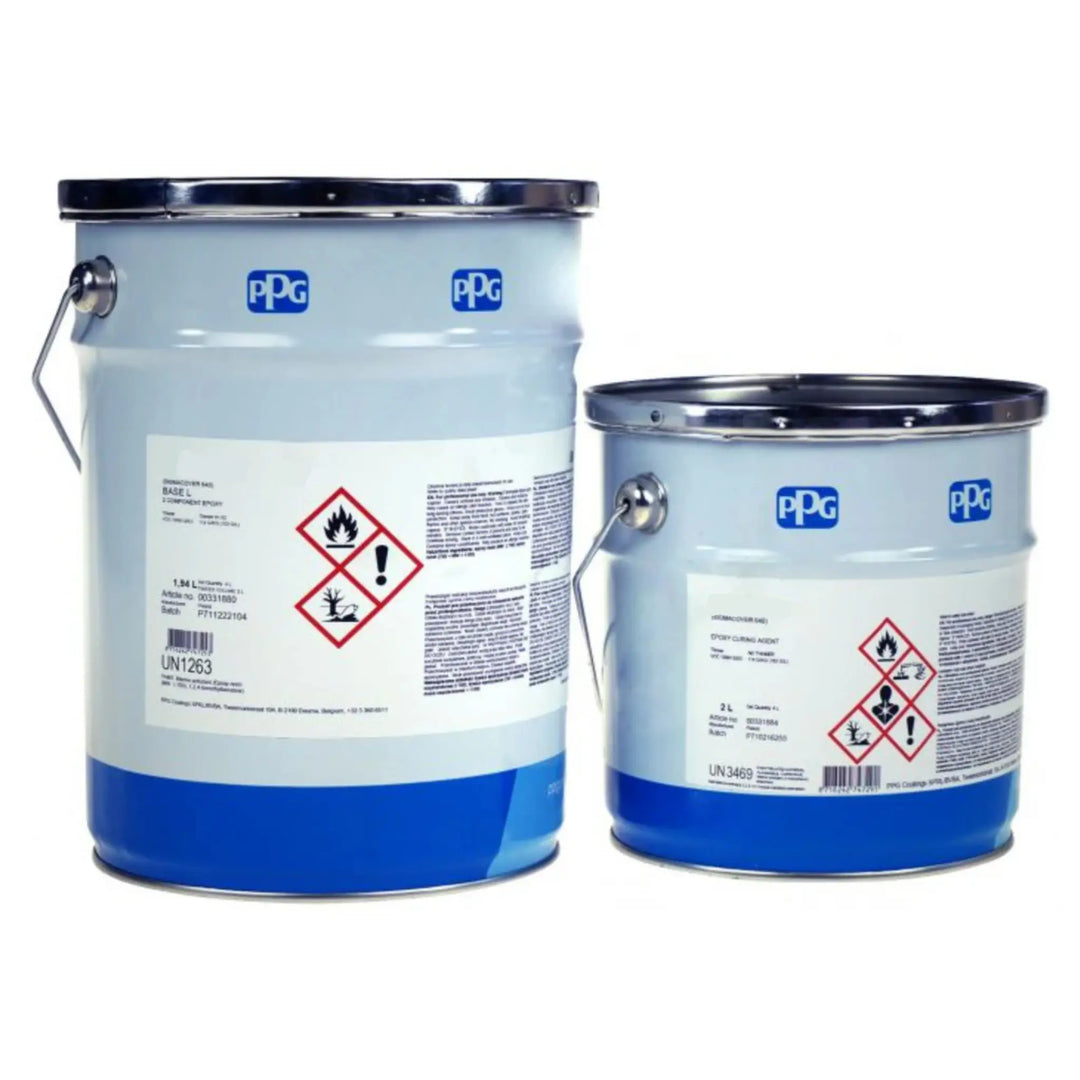 Two PPG paint buckets with labels on a white background
