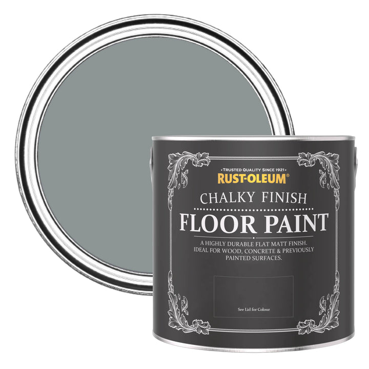 Rust-Oleum chalky finish floor paint can with gray paint inside