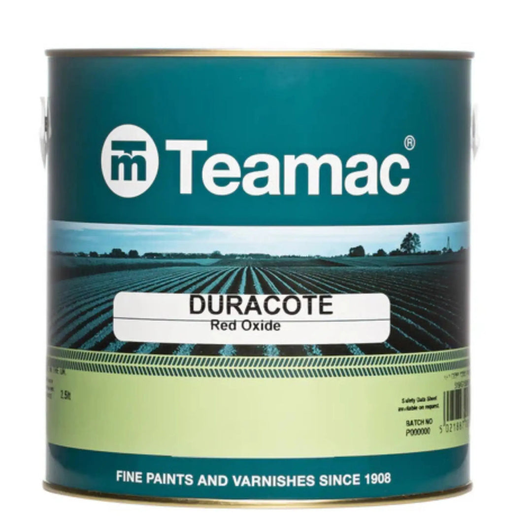 Teamac Duracote Red Oxide paint can with a scenic label on a white background