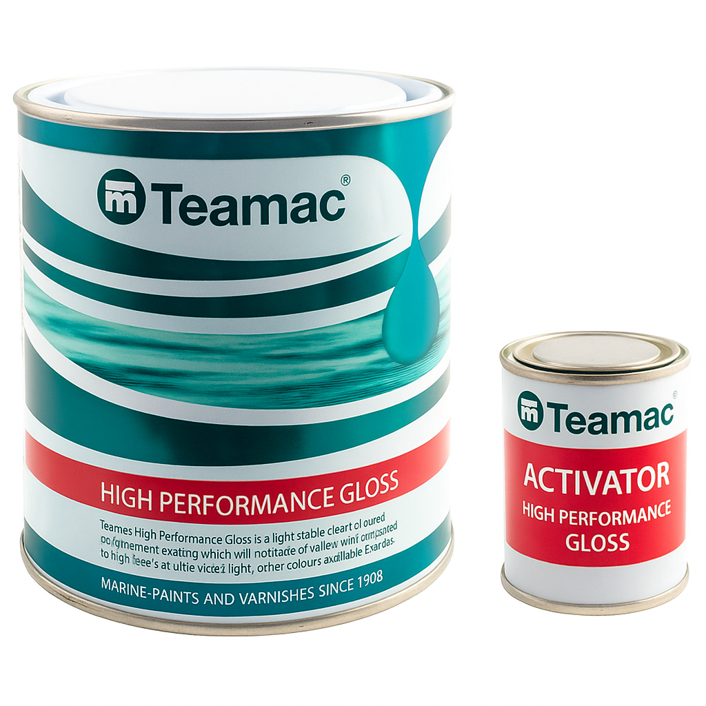 Two Teamac paint cans, one large and one small, on a white background.