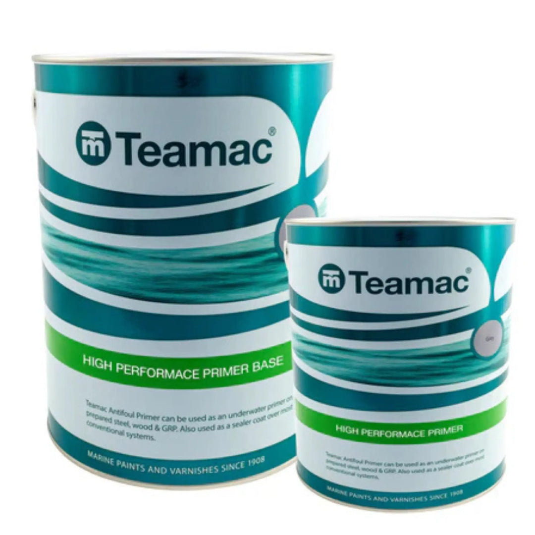 Two cans of Teamac high performance primer base on a white background