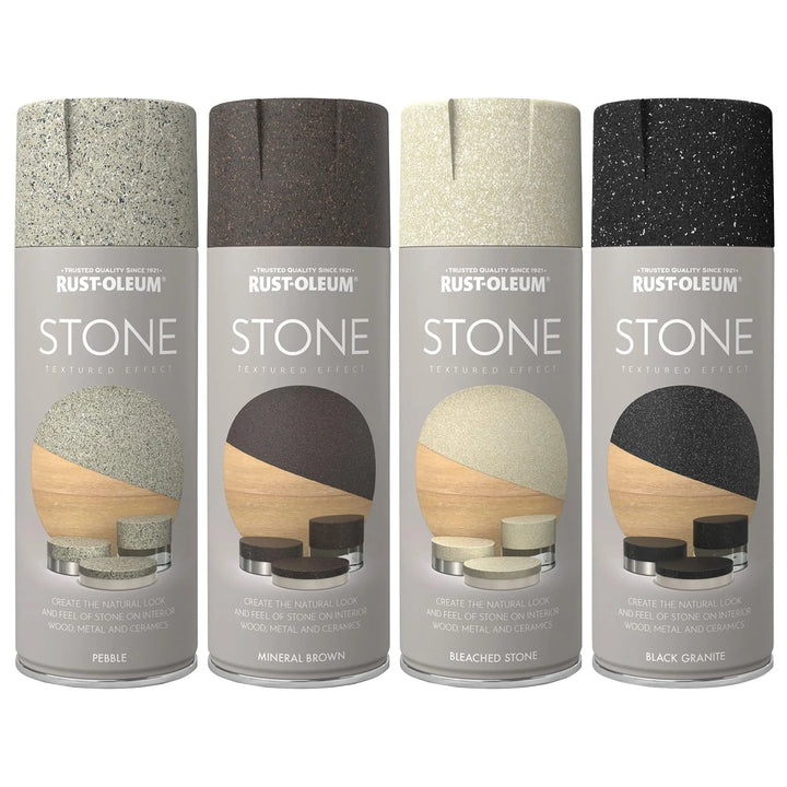 Four cans of Rust-Oleum Stone spray paint on a white background