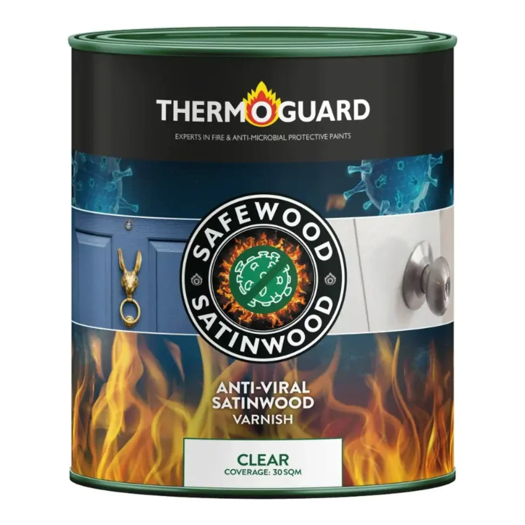 Thermoguard Safe Wood Satinwood paint can with anti-viral and anti-microbial properties on a white background.