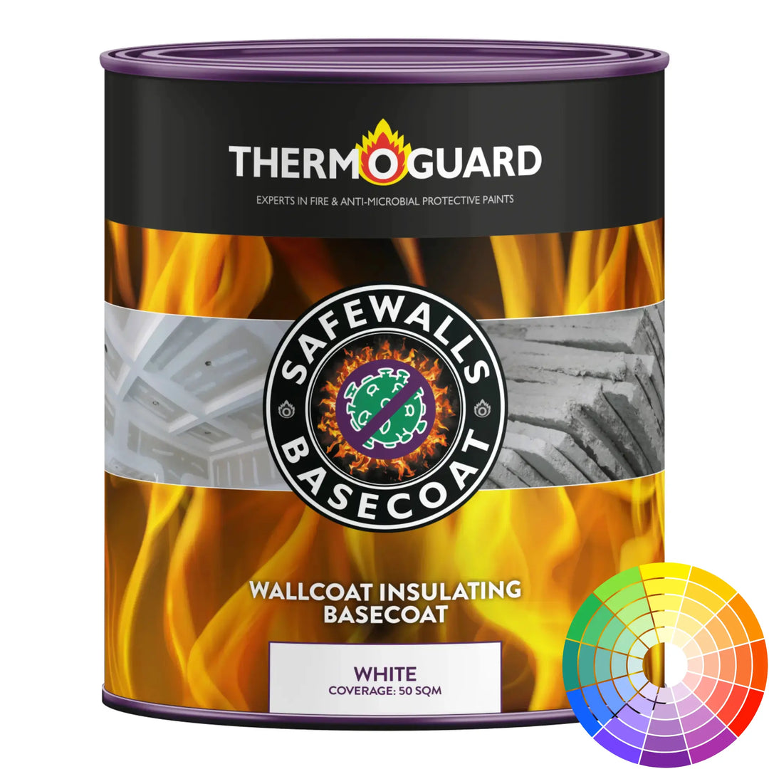 Thermoguard Safewalls Basecoat paint can with flame design on a white background