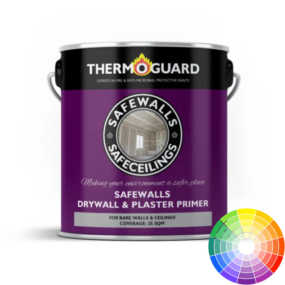 Thermoguard Safewalls drywall and plaster primer can with color swatch on a white background