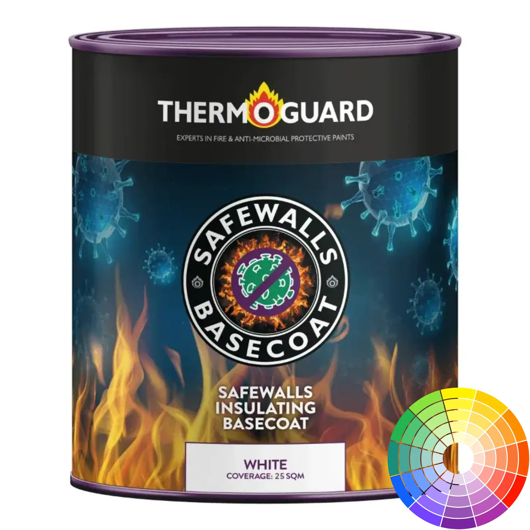Thermoguard Safewalls paint can with flame and virus design on a white background