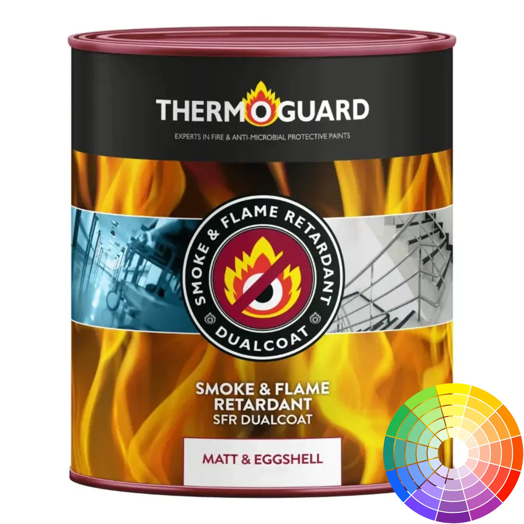 Thermoguard smoke and flame retardant dualcoat paint can with colorful swatch on a white background
