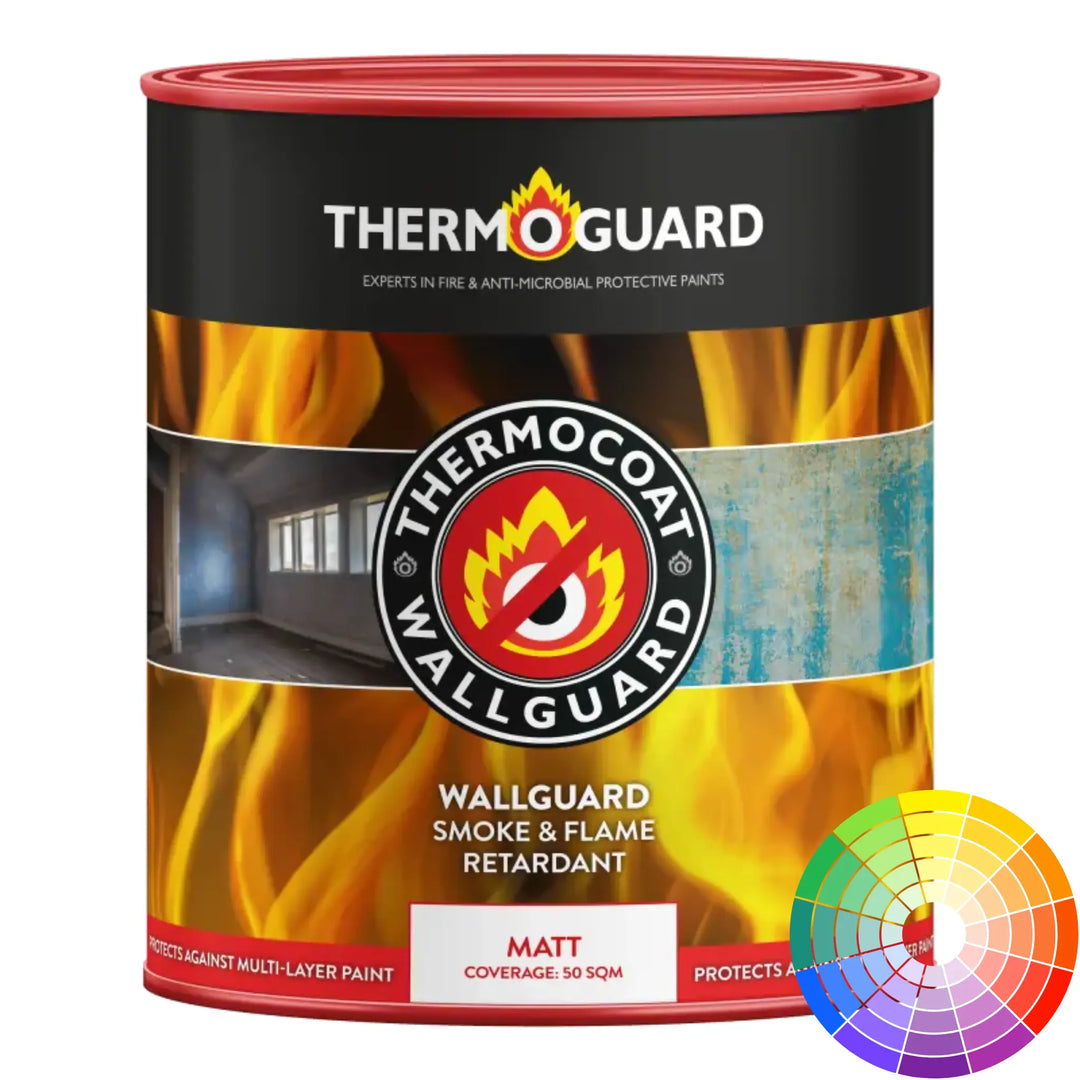Thermoguard Thermocoat Wallguard paint can with flame design and color swatch.