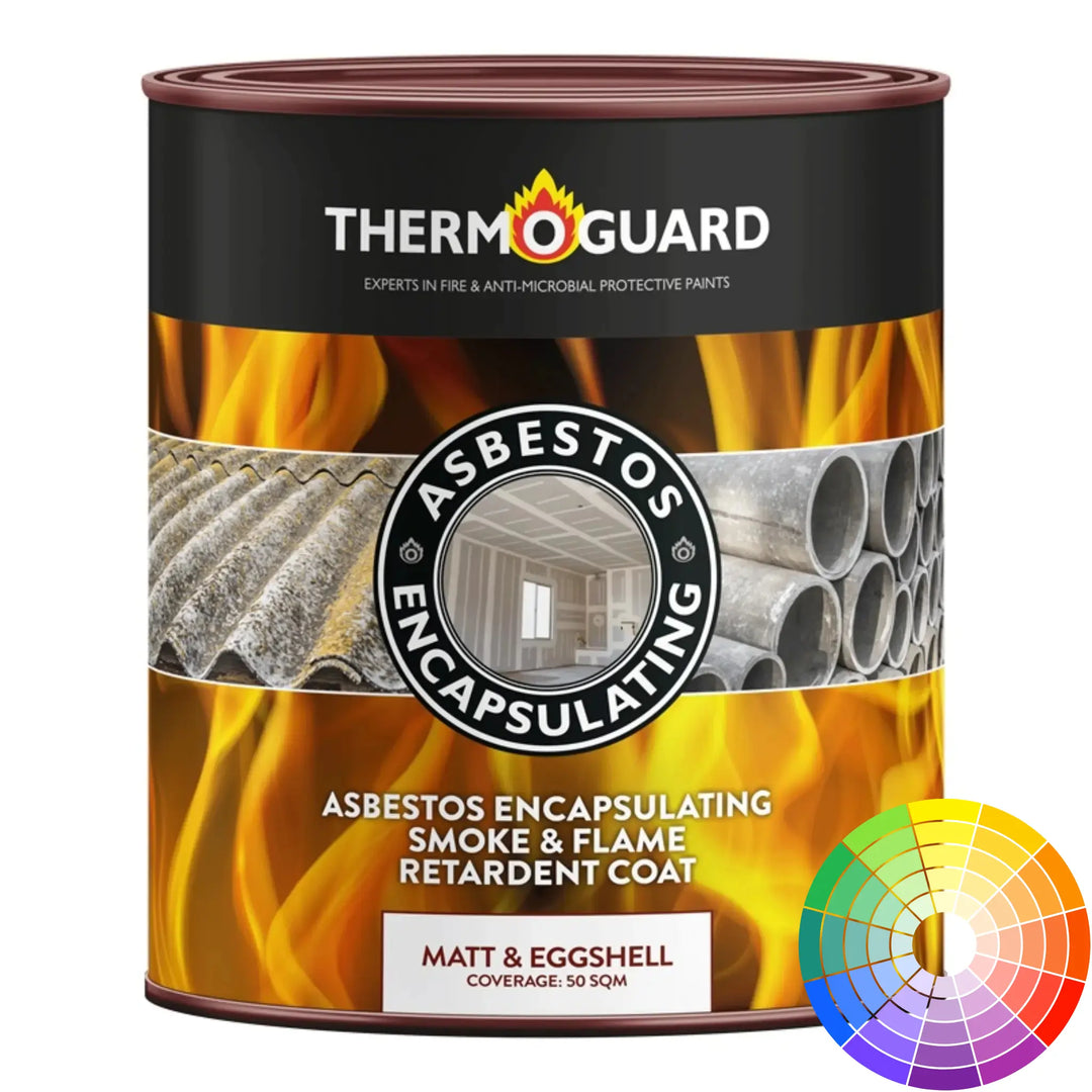 Thermoguard asbestos encapsulating paint can with flame and pipe images on a white background