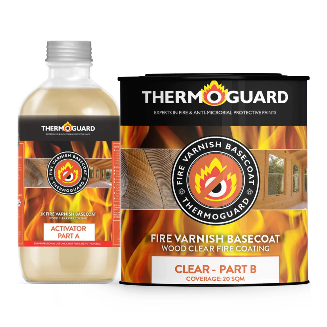 Thermoguard fire varnish basecoat packaging with activator on a white background
