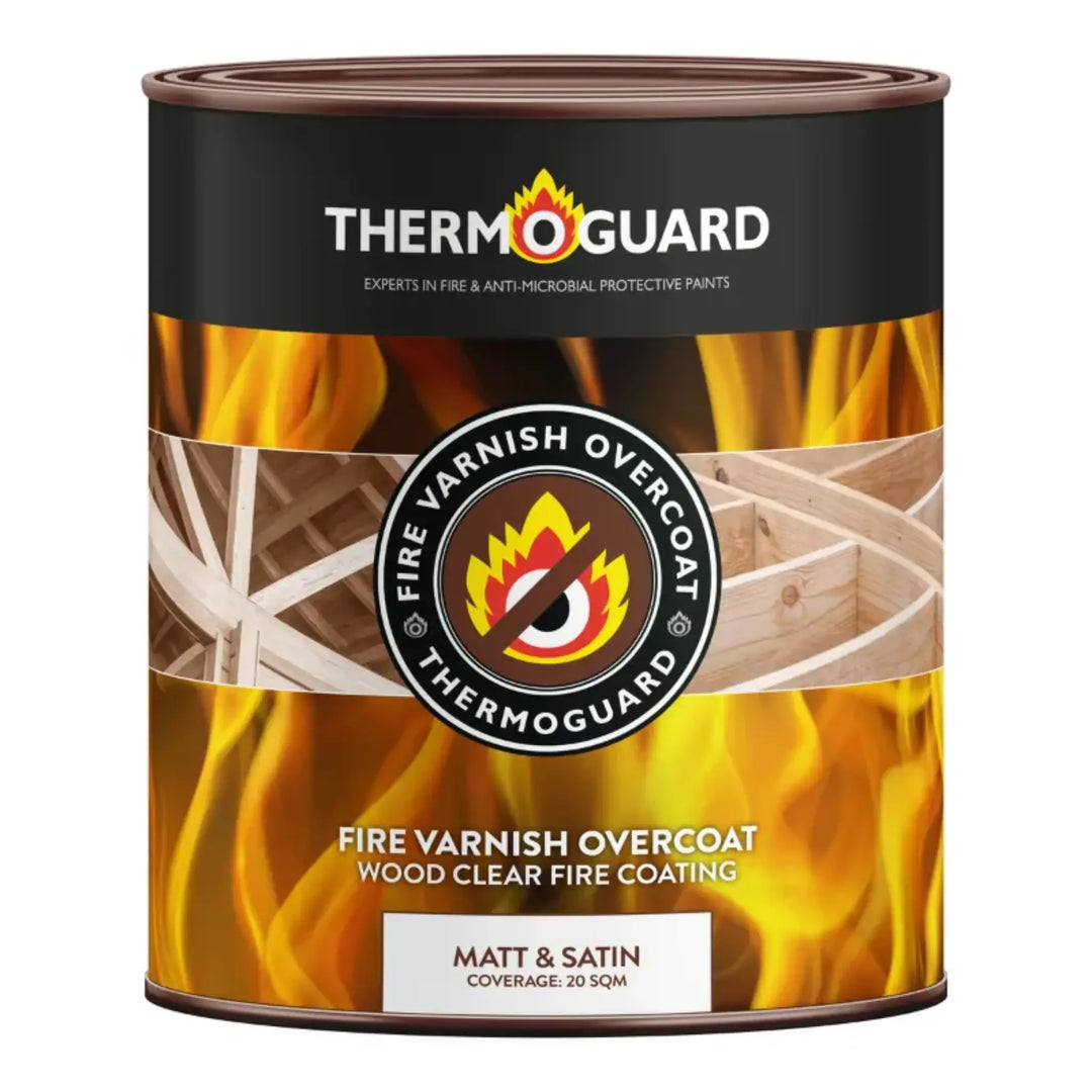 Thermoguard fire varnish overcoat can with flames and wood texture on a white background