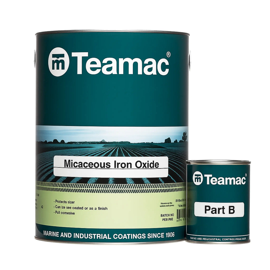 Two Teamac paint cans, one large and one small, on a white background