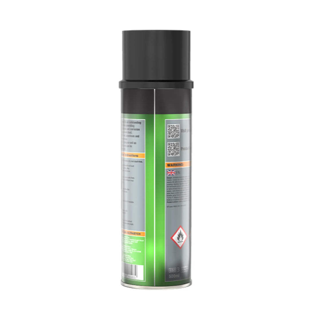 Spray can with black cap and green label on a white background