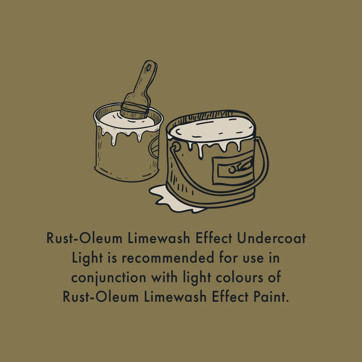 Illustration of a paint can and brush with text about Rust-Oleum Limewash Effect Undercoat Light on a brown background.