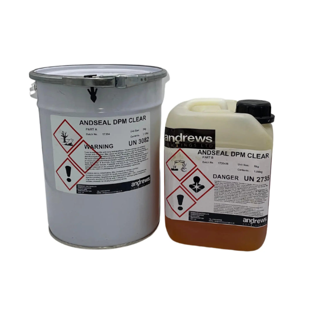 Two containers of Andseal DPM Clear with hazard labels on a white background