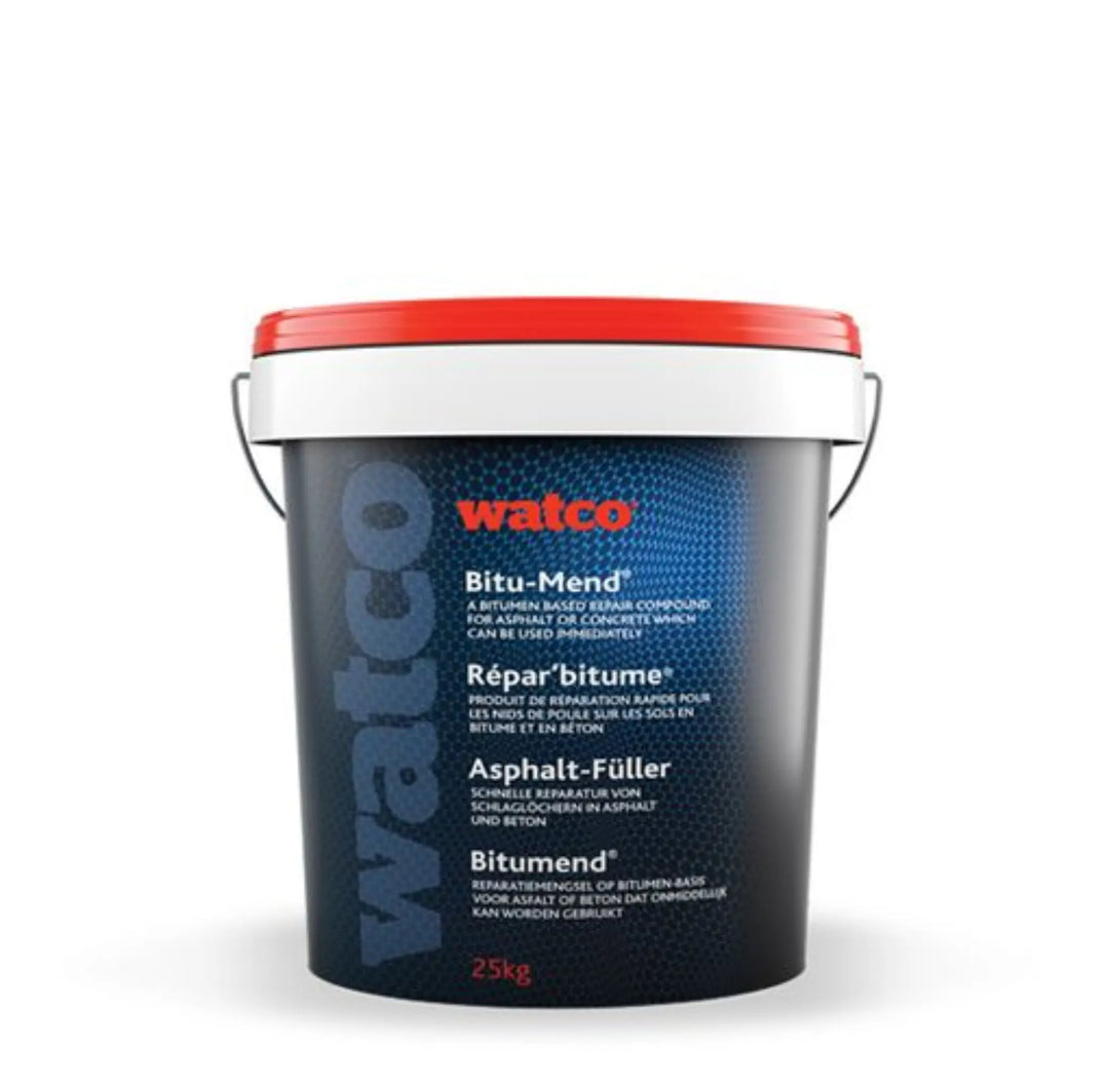 Black Watco Bitu-Mend bucket with red lid on a white background