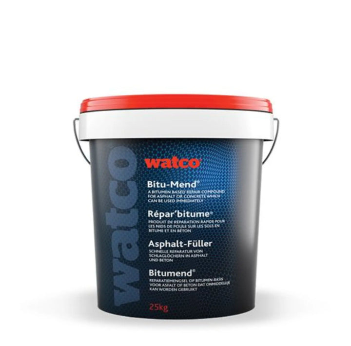 Black Watco Bitu-Mend bucket with red lid on a white background