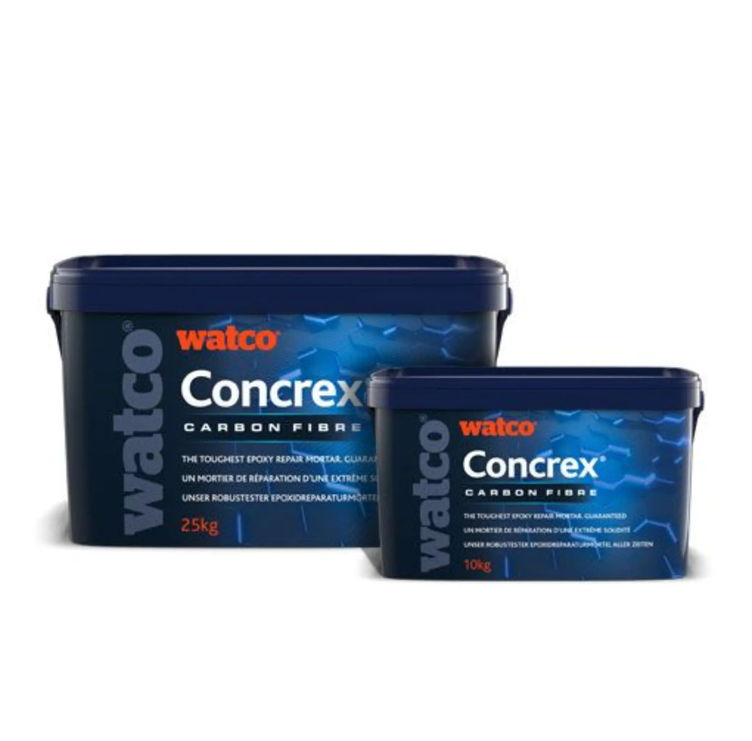 Two containers of Watco Concrex Carbon Fibres on a white background