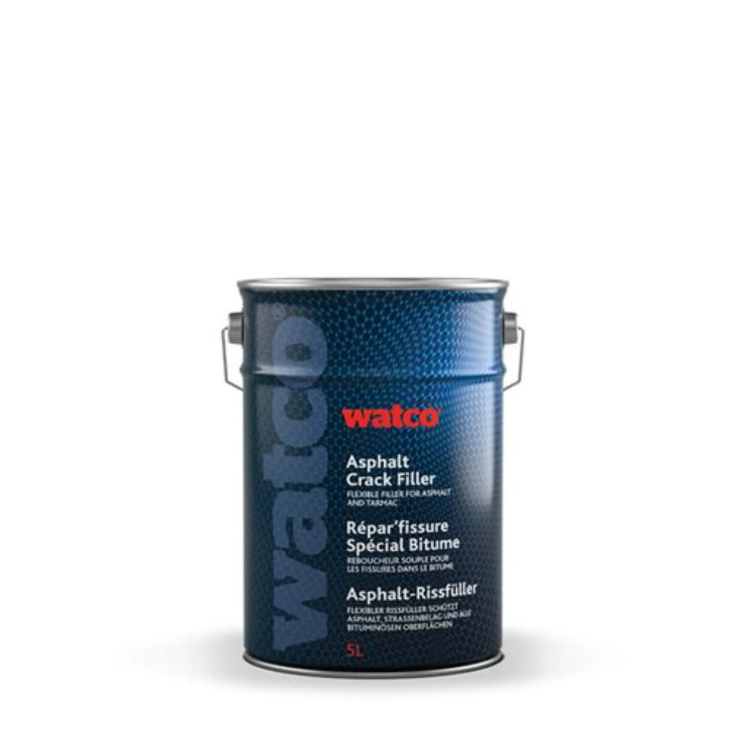 Blue container of Watco asphalt crack filler on a white background
