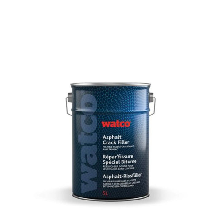 Blue container of Watco asphalt crack filler on a white background