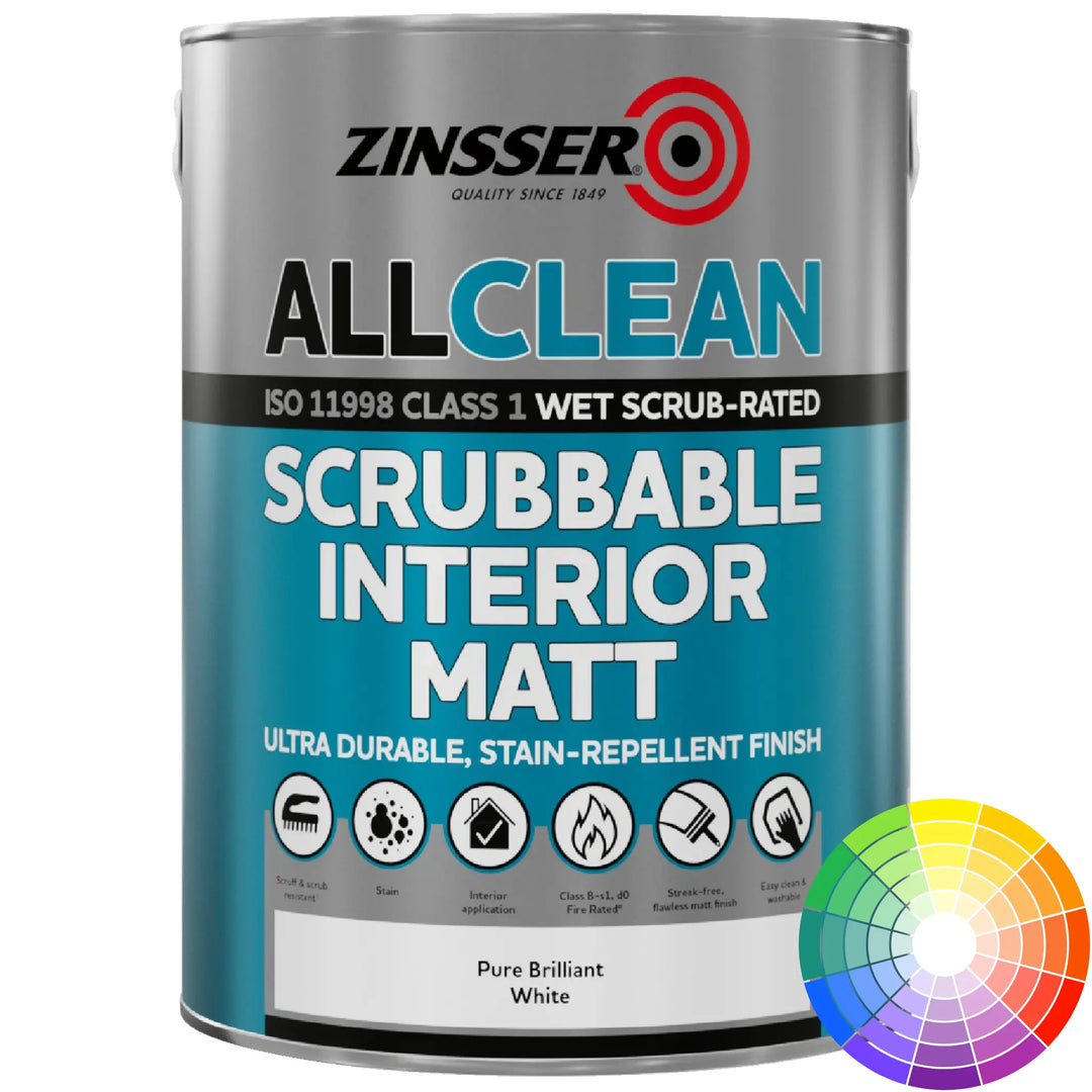 A can of Zinsser AllClean Scrubbable Interior Matt paint in Pure Brilliant White colour.