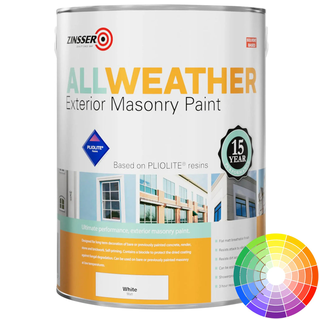 Zinsser All Weather Exterior Masonry Paint can with colour swatch on a white background