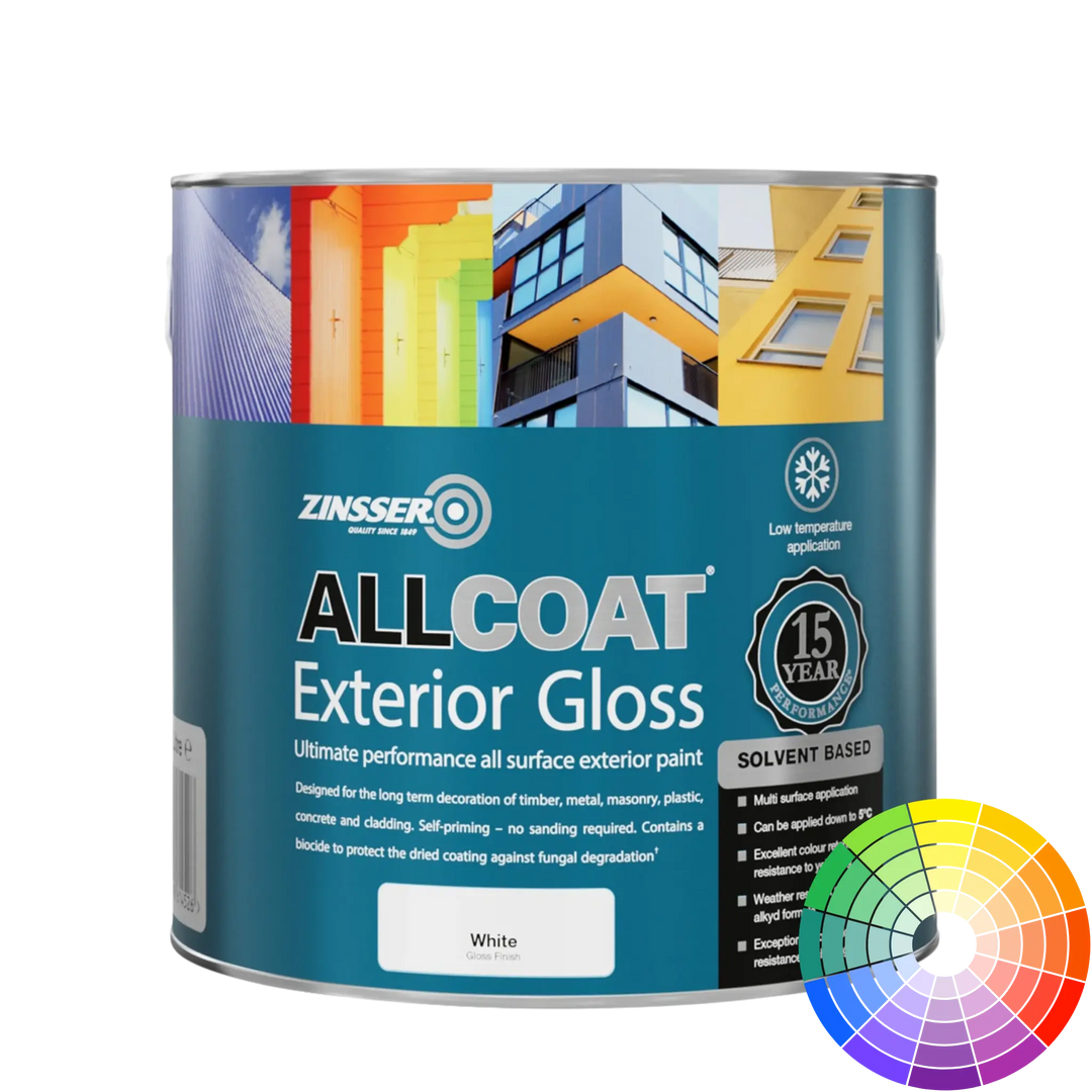 Zinsser Allcoat Exterior Gloss paint can with colour swatch on a white background
