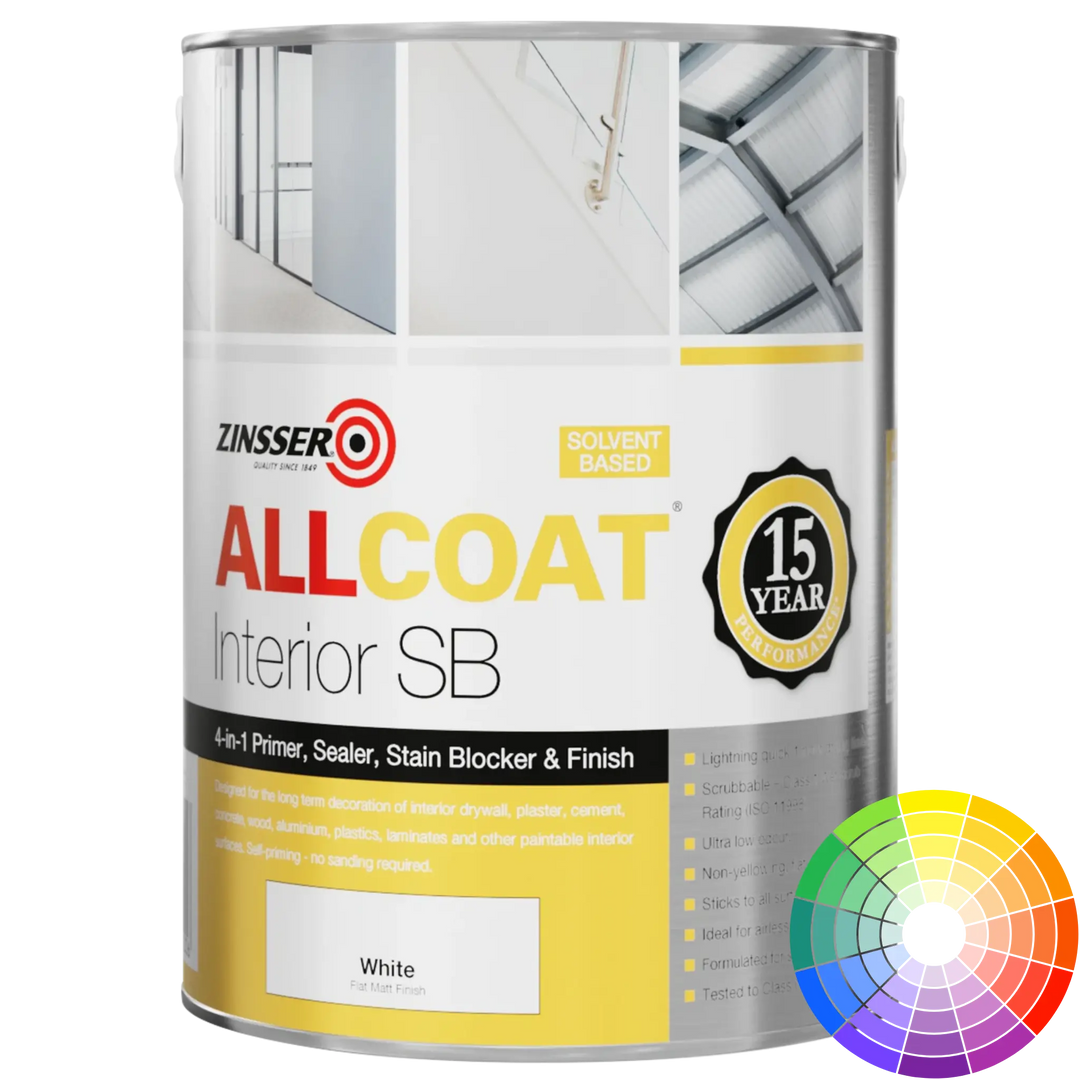 Zinsser Allcoat Interior SB paint can with colour swatch on a white background