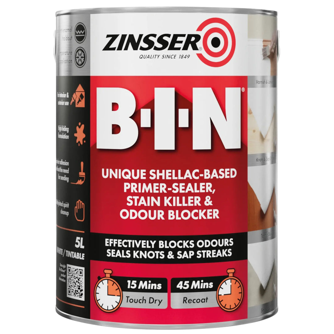 Zinsser B-I-N paint can on a white background