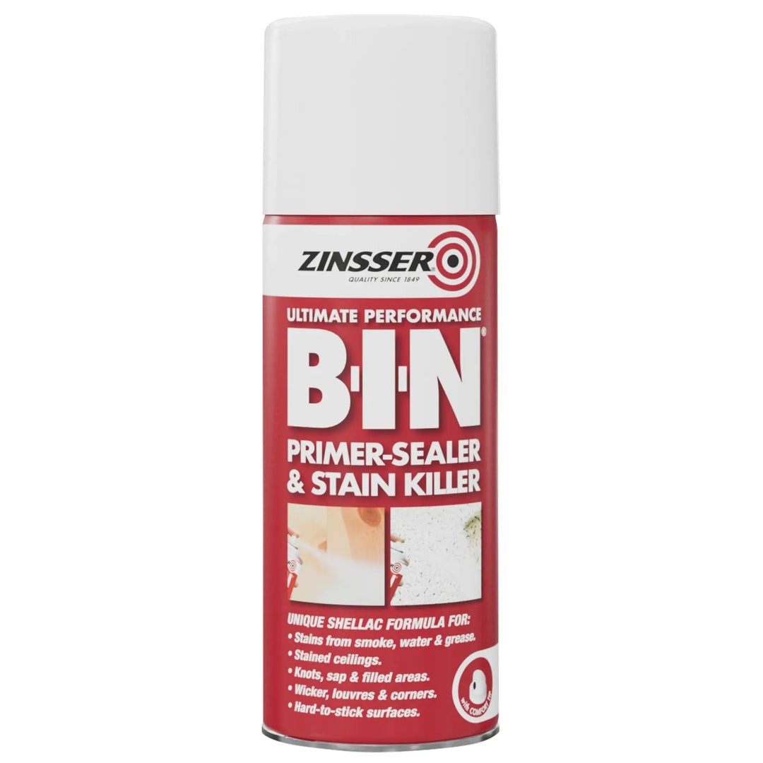 Zinsser B-I-N Primer-Sealer & Stain Killer spray can on a white background