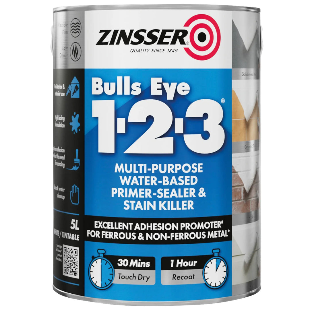Zinsser Bulls Eye 1-2-3 paint can on a white background