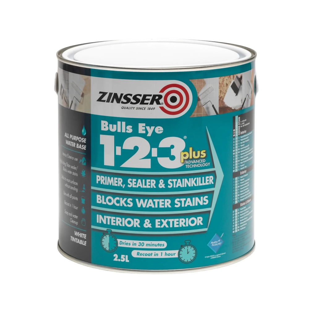 Zinsser Bulls Eye 1-2-3 plus paint can on a white background