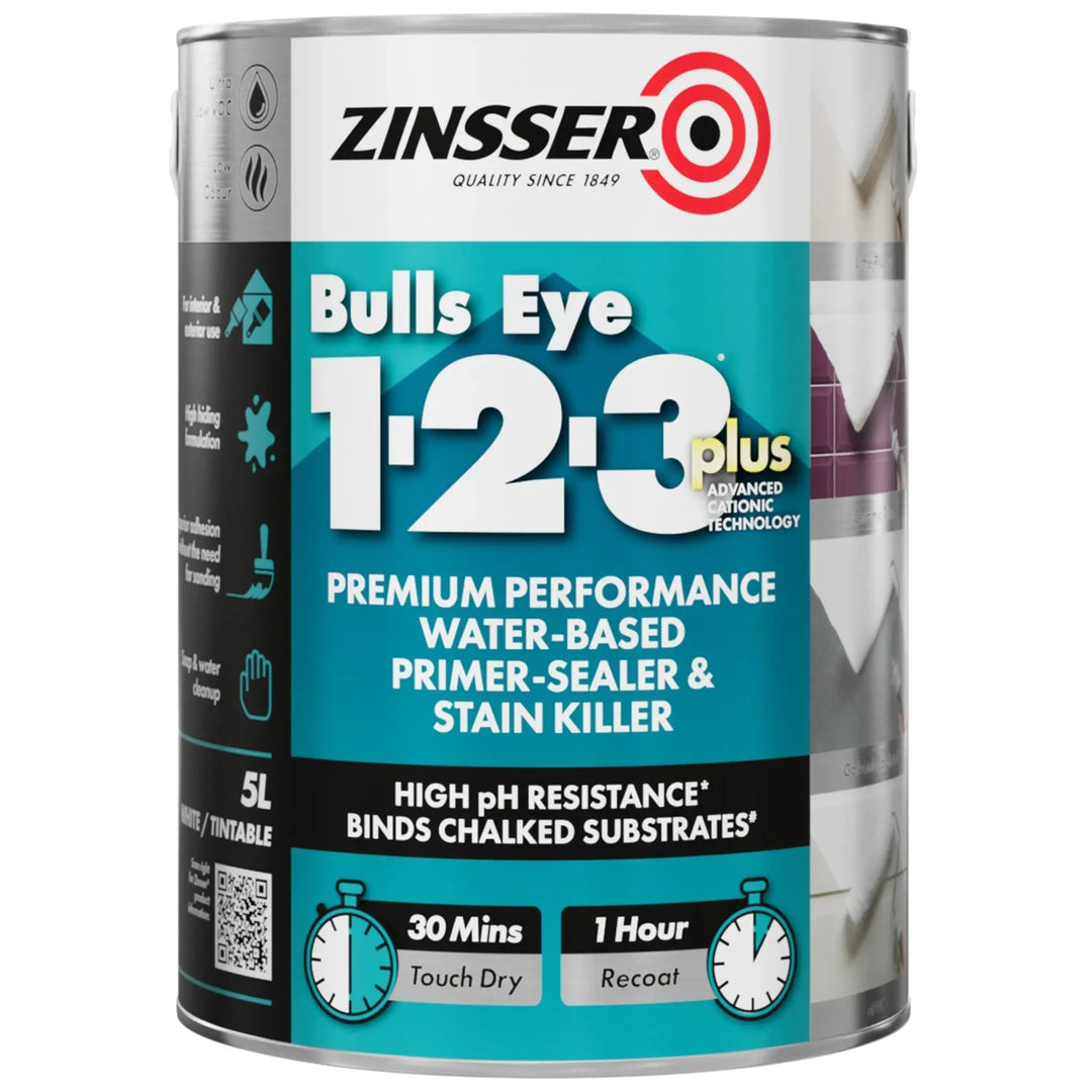 Zinsser Bulls Eye 1-2-3 plus paint can on a white background