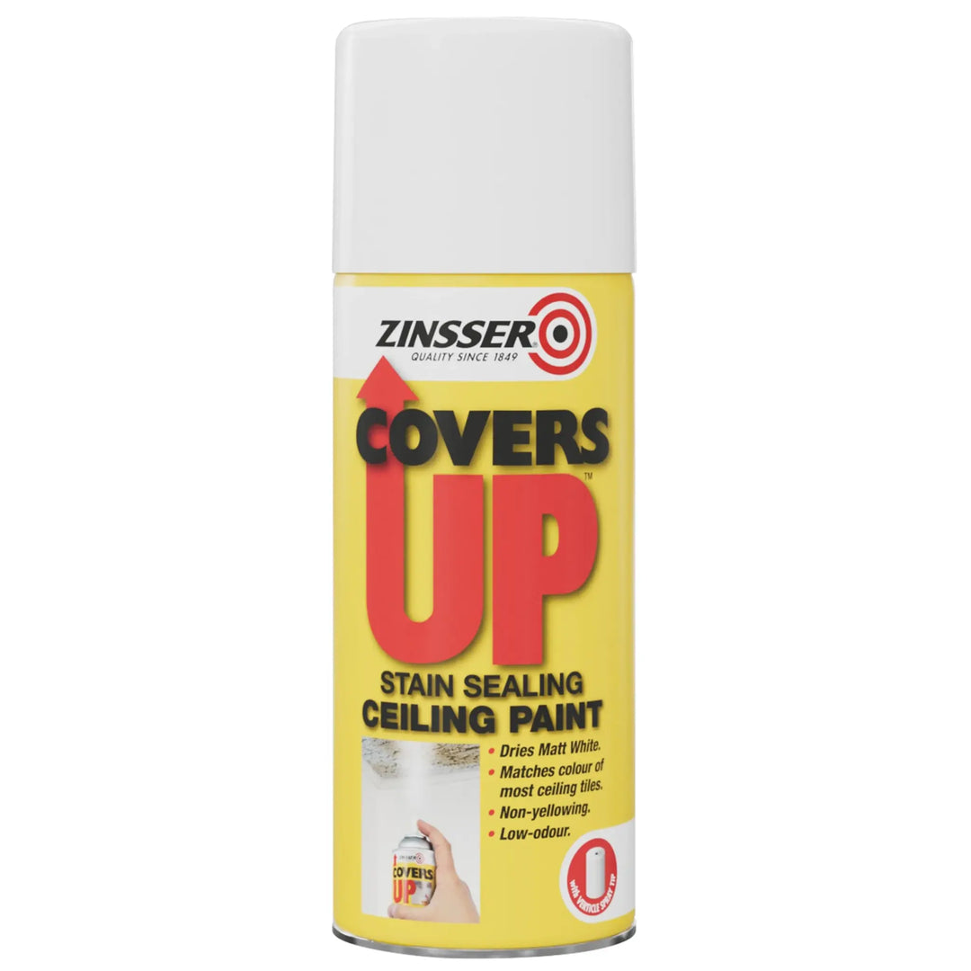 Zinsser Covers Up stain sealing ceiling paint can on a white background