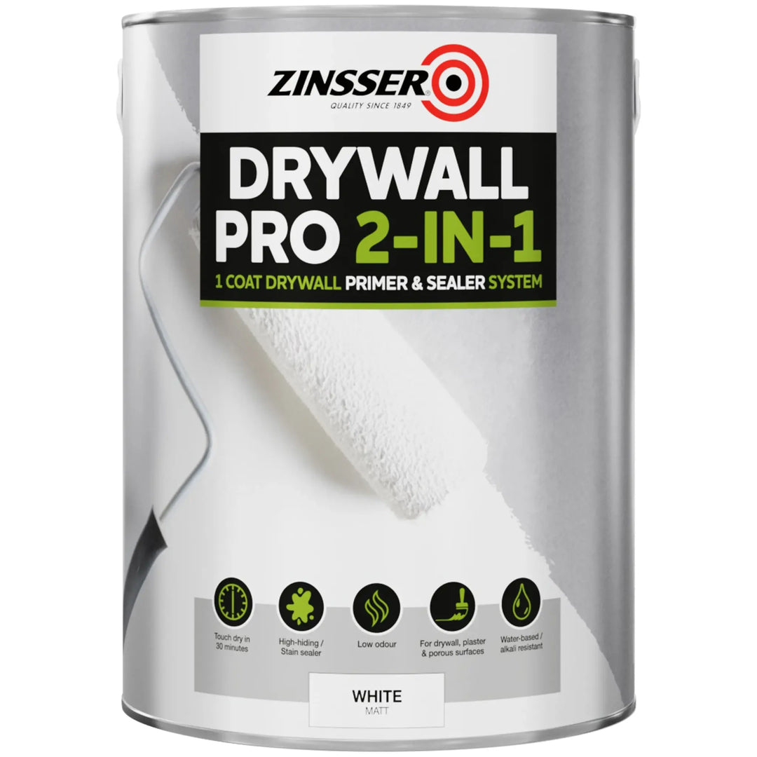 Tin of Zinsser Drywall Pro 2-in-1 – Primer & Sealer for Drywall and Porous Surfaces on white background 5L