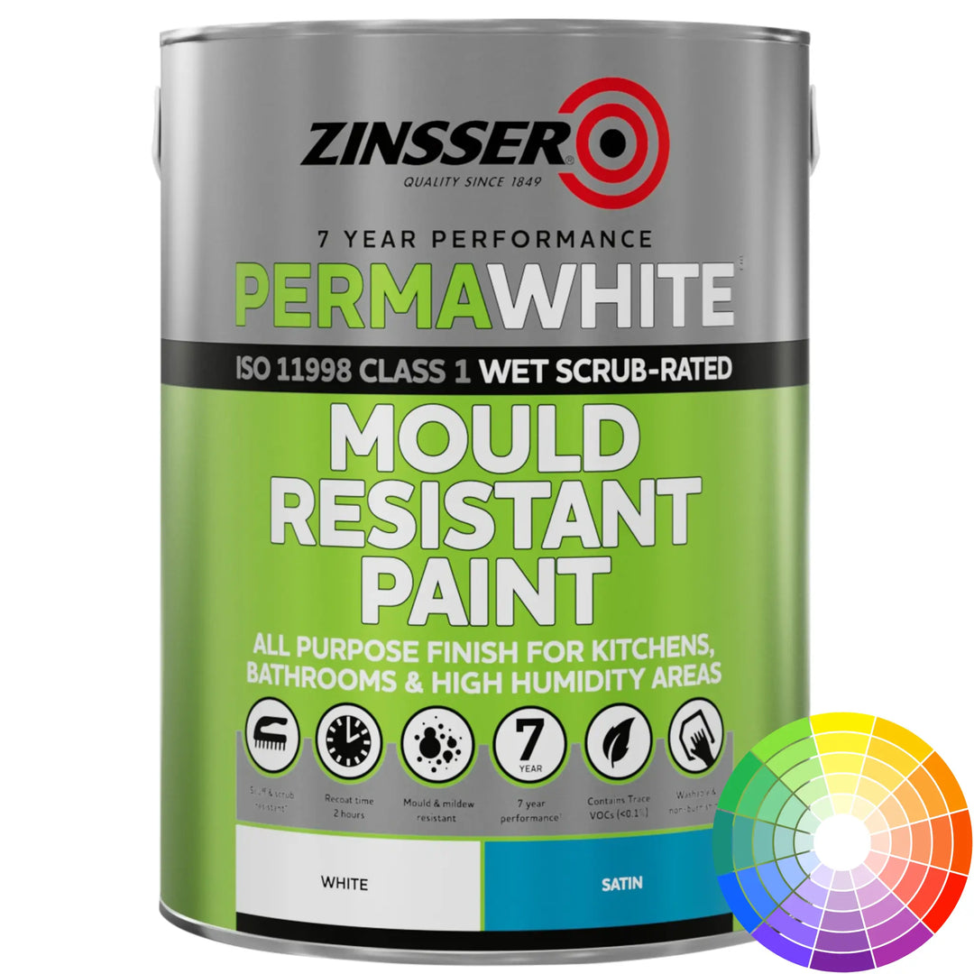 Tin of Zinsser PermaWhite Interior Satin  on white background with colour fan - 5L