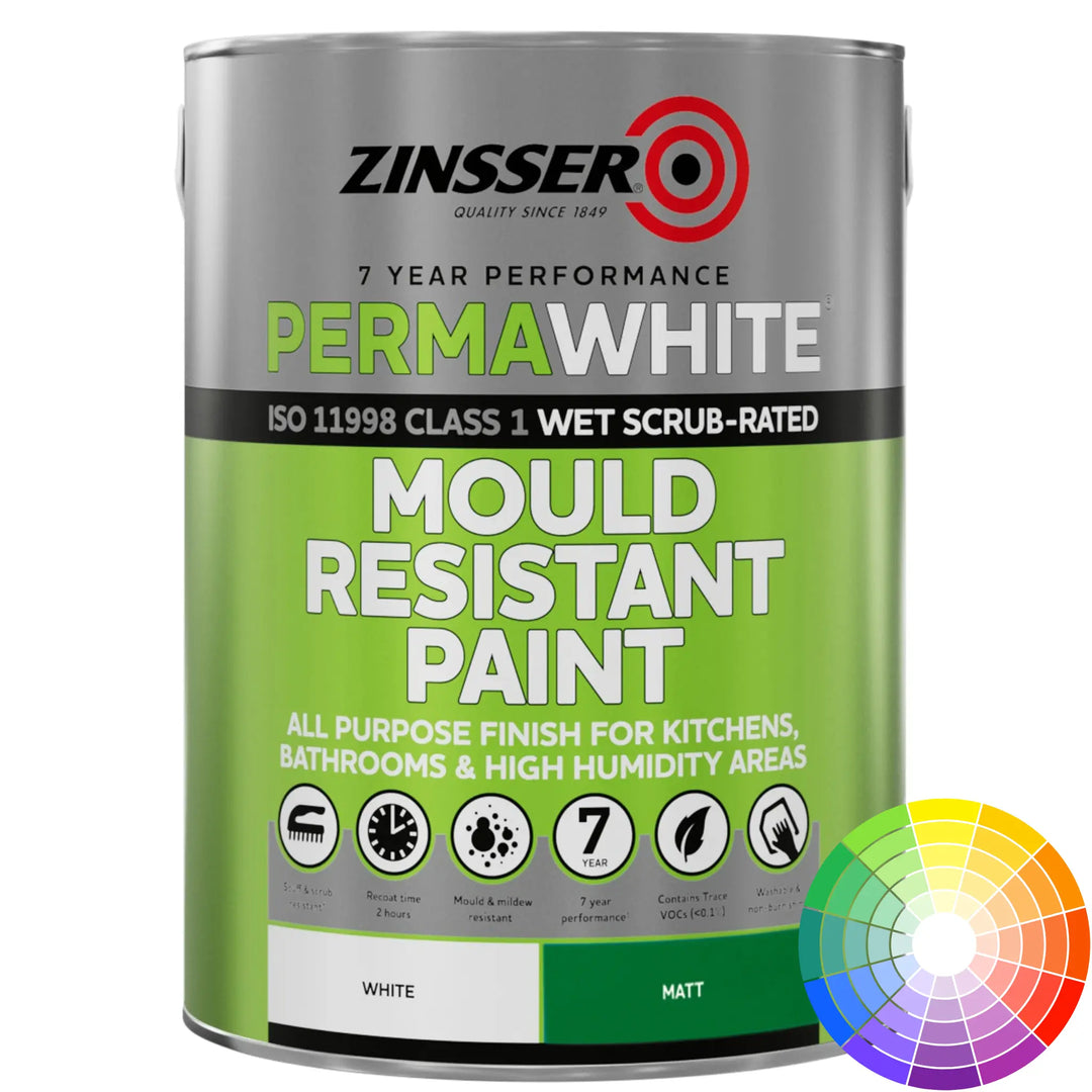 Tin of Zinsser Permawhite Interior Matt on white background with colour fan - 5L 
