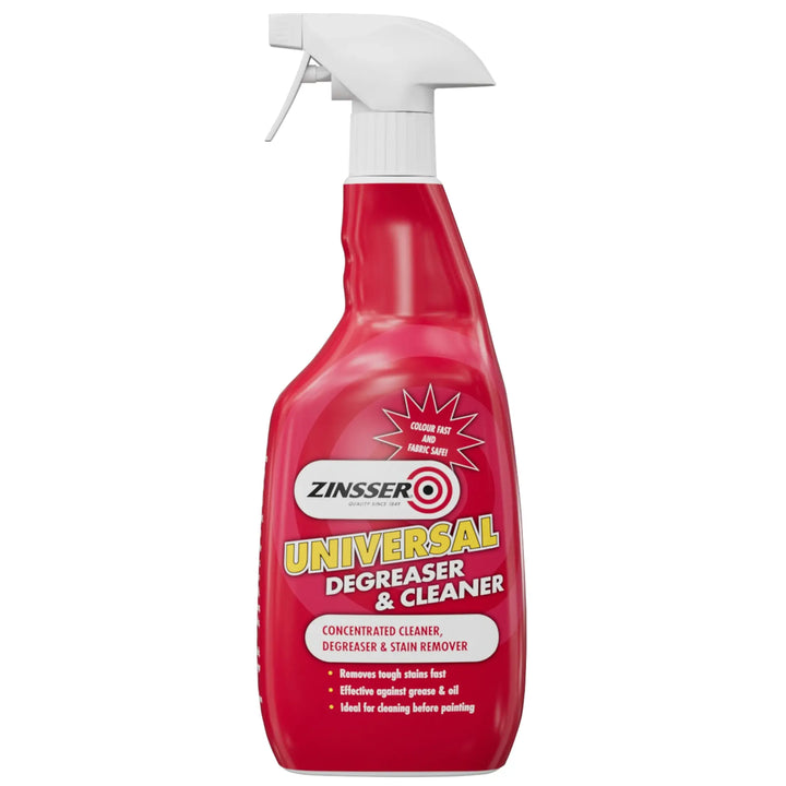 Spray bottle of Zinsser Universal Cleaner & Degreaser on white background with spray head - 750ml 