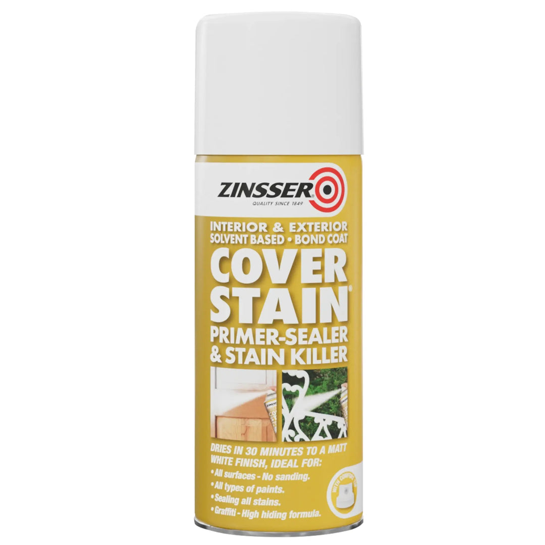Zinsser cover stain spray can on a white background