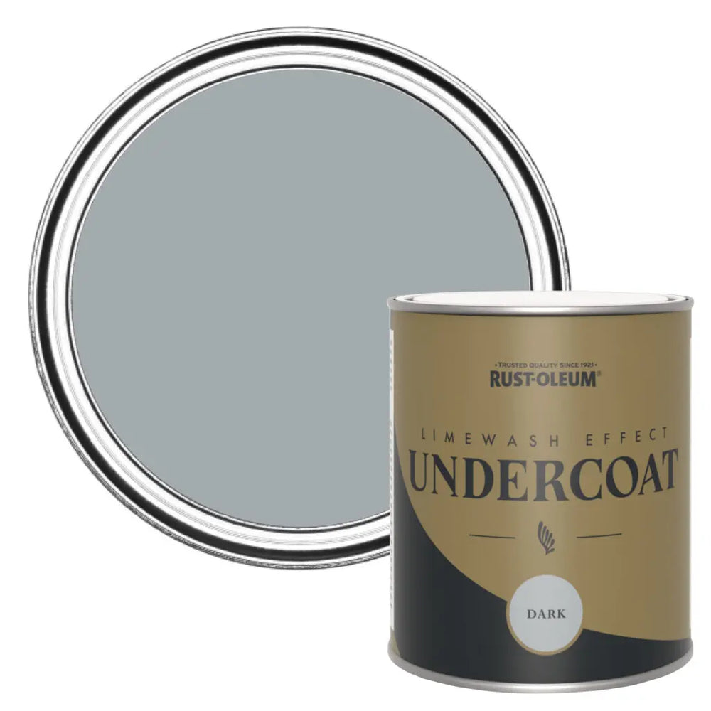Rust-Oleum Limewash Effect Undercoat can with gray paint swatch on a white background