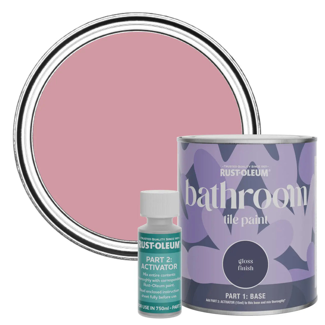 Rust-Oleum bathroom tile paint set with pink paint sample and activator on a white background