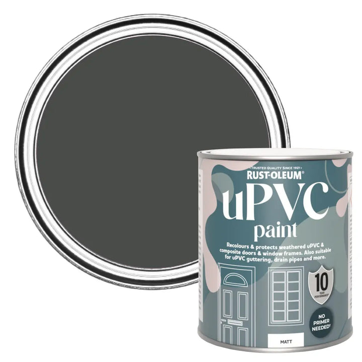 Rust-Oleum UPVC paint can with open lid on a white background