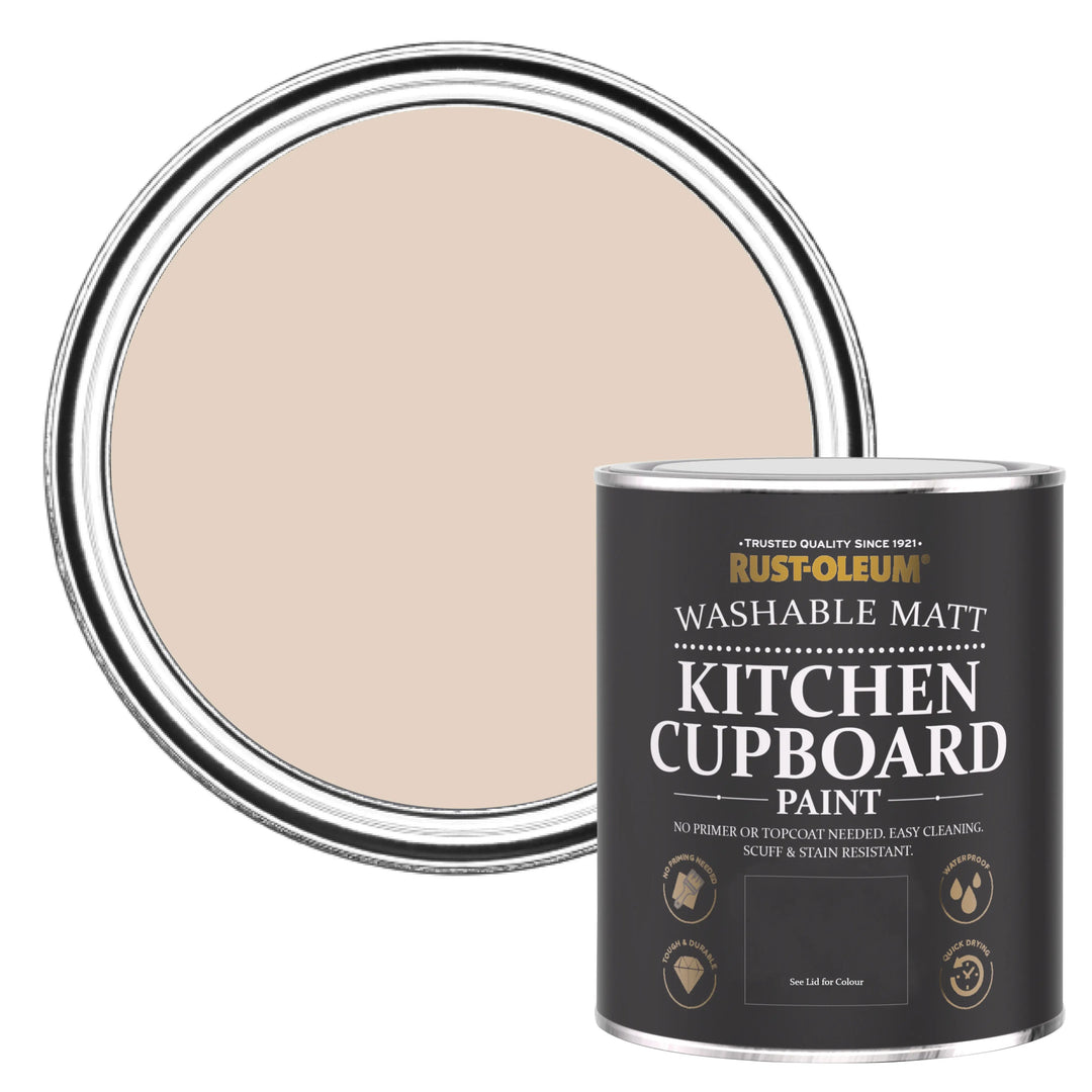 Rust-Oleum kitchen cupboard paint can with beige paint inside