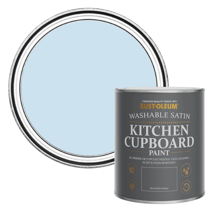 Rust-Oleum kitchen cupboard paint can with a sample of light blue paint